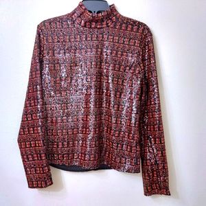 Zara Sequined Blouse Long Sleeves Brown Black Small